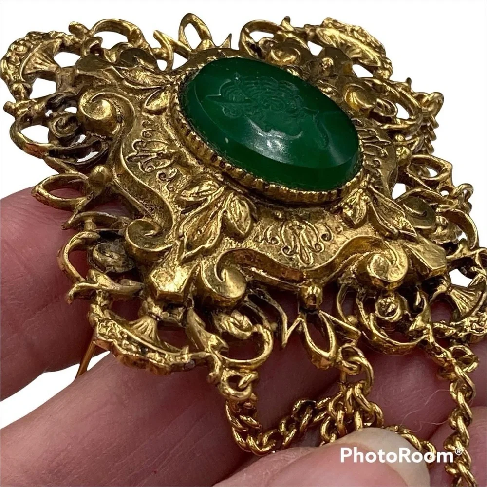 Signed ART Arthur Pepper Intaglio Cameo Renaissance Revival Tassel Brooch